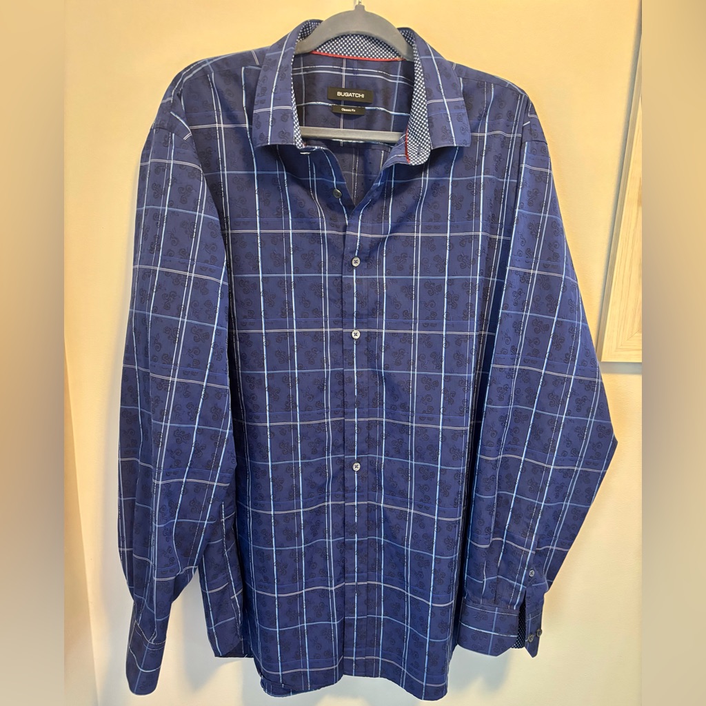Bugatchi Shirt Mens Xl Blue Check Plaid Classic Fit Ls Button Down Flip Cuff
